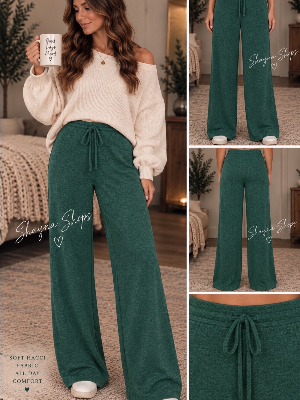Zenana Super Soft Hacci Wide-Leg Drawstring Pants - Green